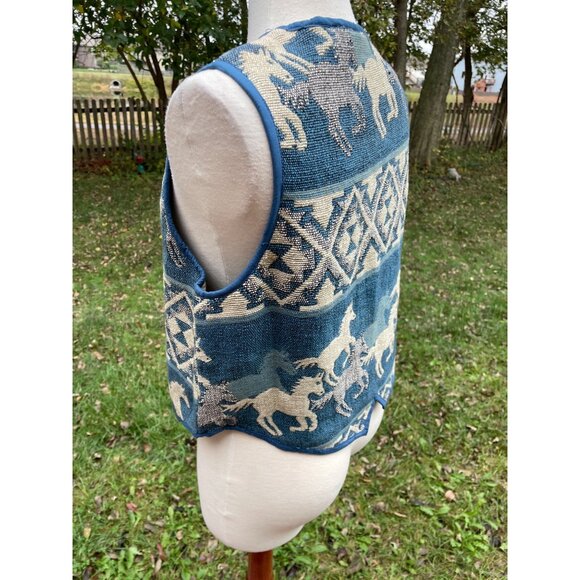 Vintage Keren Hart Tapestry Vest L Horse Pattern Blue Cotton Western Style - Picture 7 of 12